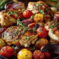 Poulet balsamique et légumes au four