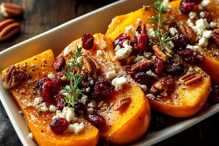 Courge Butternut Rôtie Au Miel Avec Canneberges, Noix De Pécan Et Feta