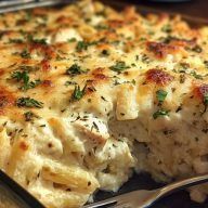 Gratin De Pâtes Au Poulet Alfredo Crémeux Avec Croûte De Mozzarella