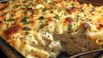 Gratin De Pâtes Au Poulet Alfredo Crémeux Avec Croûte De Mozzarella