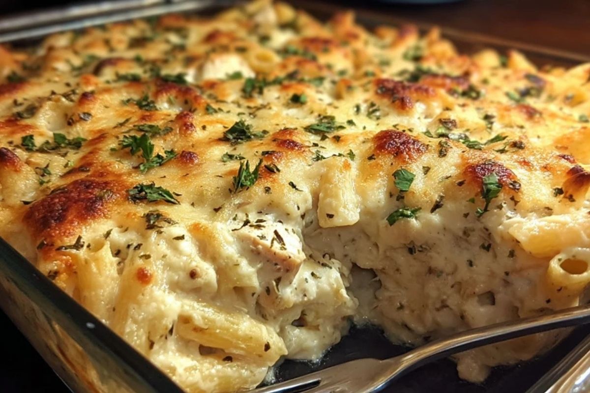 Gratin De Pâtes Au Poulet Alfredo Crémeux Avec Croûte De Mozzarella