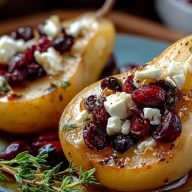 Poires Rôties au Feta, Miel et Canneberges