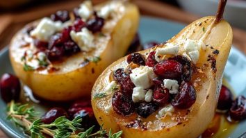 Poires Rôties au Feta, Miel et Canneberges