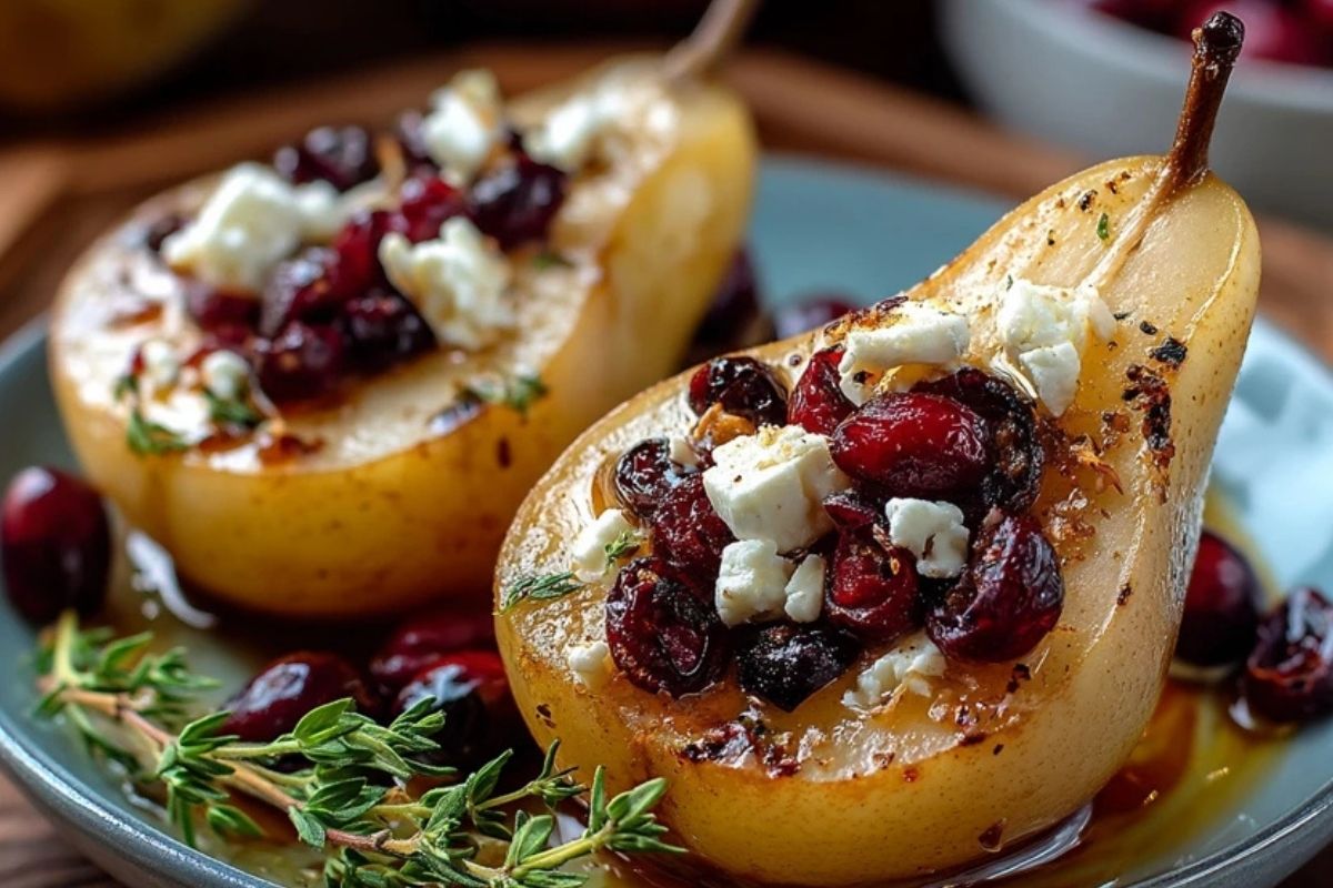 Poires Rôties au Feta, Miel et Canneberges