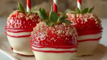 Pommes DAmour aux Fraises et Biscuit Écrasé