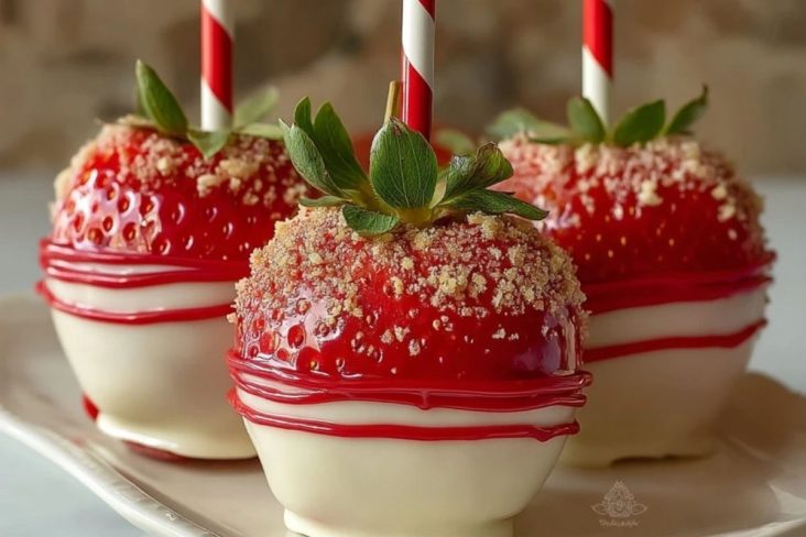 Pommes DAmour aux Fraises et Biscuit Écrasé