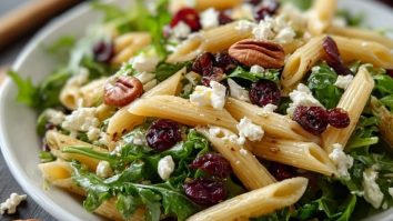 Salade de Pennes Saines au Feta, Cranberries et Vinaigrette à lOrange