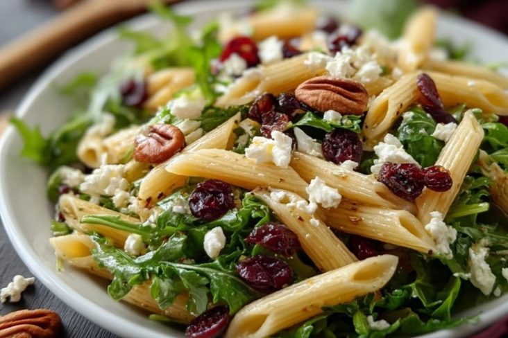 Salade de Pennes Saines au Feta, Cranberries et Vinaigrette à lOrange