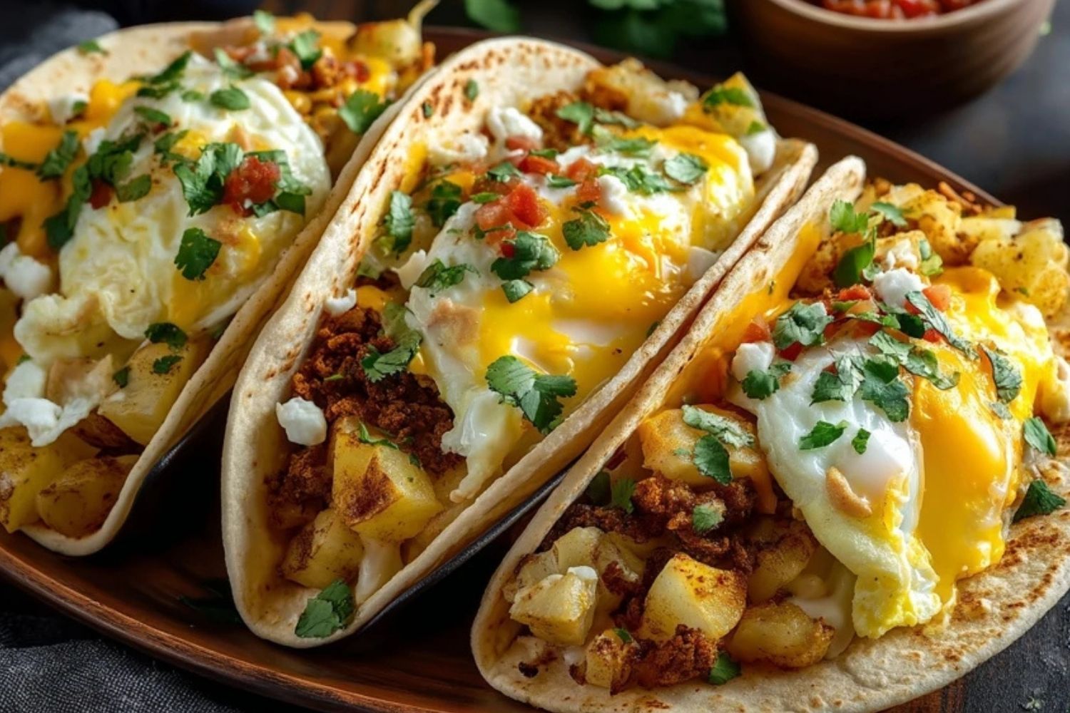 Tacos de Petit-Déjeuner aux Pommes de Terre, Œufs et Fromage