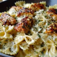 Pâtes Papillon au Poulet à lAil et Sauce Crème au Mozzarella