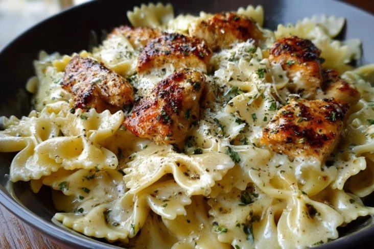 Pâtes Papillon au Poulet à lAil et Sauce Crème au Mozzarella