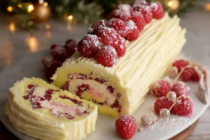 Bûche De Noël Au Chocolat Blanc Et Framboises
